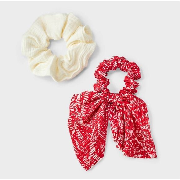 Universal Thread Red Cream Crinkle Hair Scrunchie Twisters with Tail Set 2pc New - Picture 3 of 3